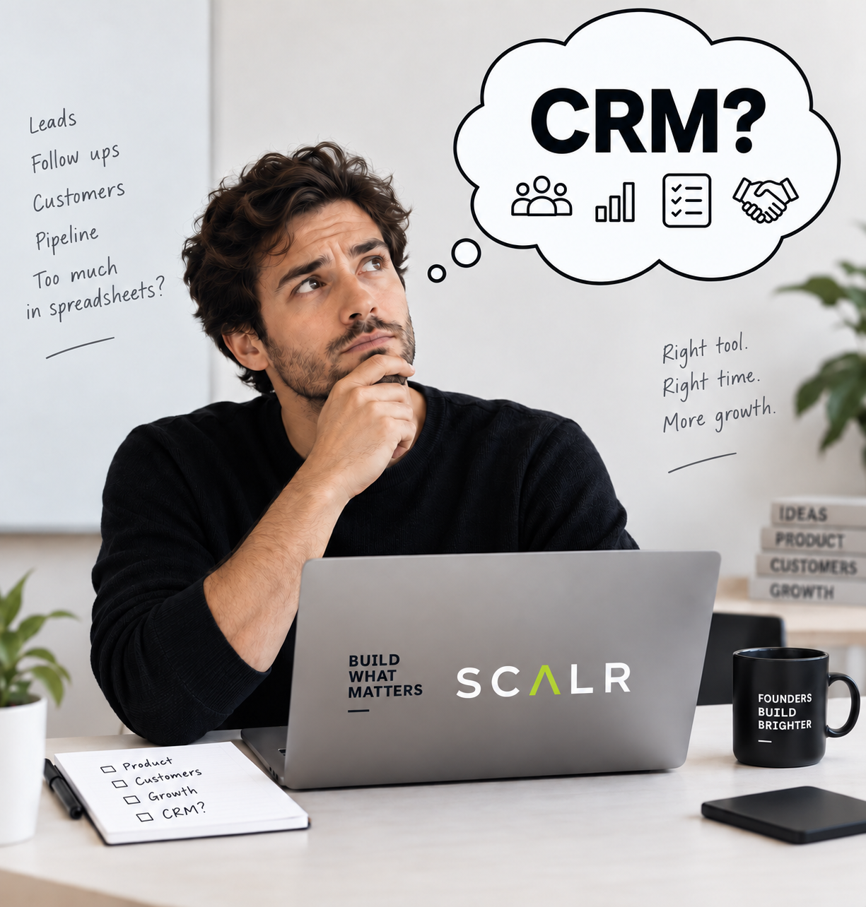 Startup founder considering whether the business needs a CRM, with a CRM? thought bubble and the approved SCALR wordmark on the laptop.